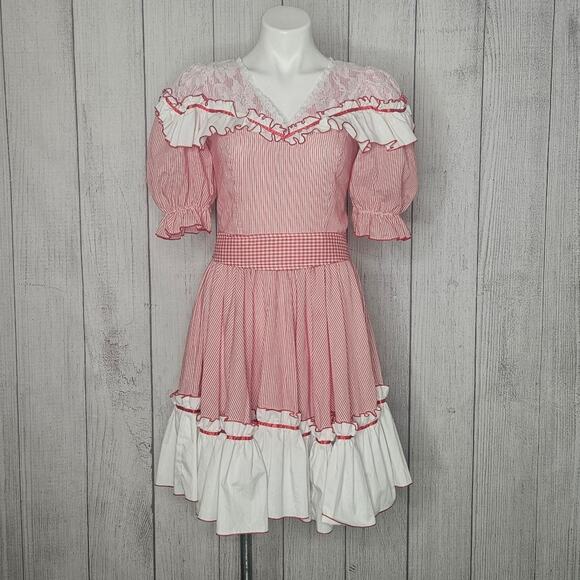 VTG "Call It Fancy" Red & White Stripe Ruffled Square Dance Dress, sz 10 - Picture 2 of 8